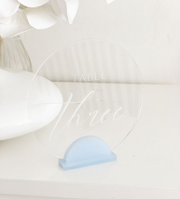 Clear and blue acrylic table number