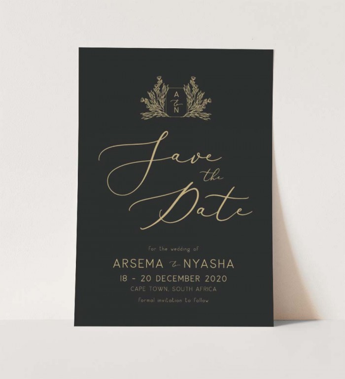 Aresema and Nyasha black and gold digital save the date