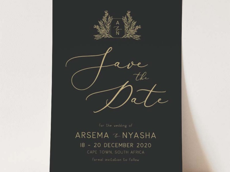 Aresema and Nyasha black and gold digital save the date