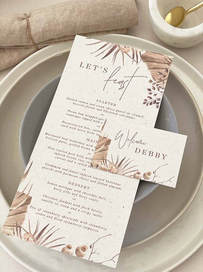 Boho menu and guest name tag