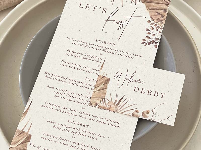 Boho menu and guest name tag