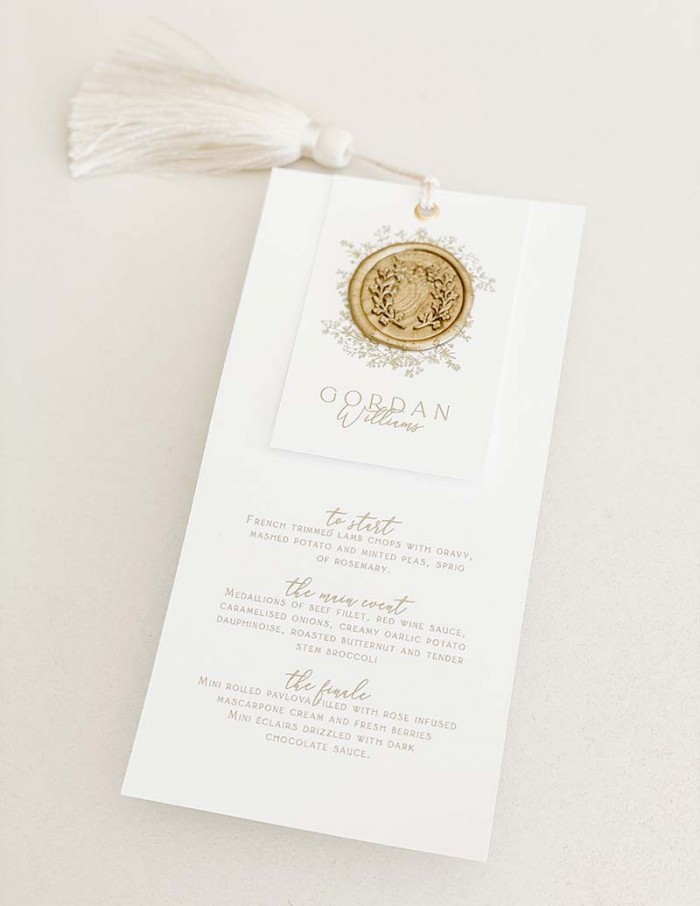 DL menu and name tag with wax seal