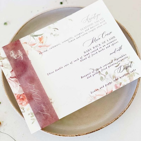 Floral personalised wedding menu card