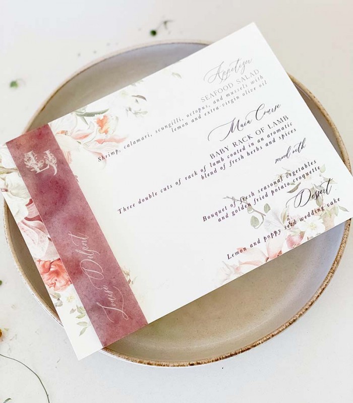 Floral personalised wedding menu card