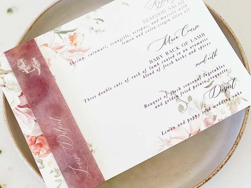 Floral personalised wedding menu card