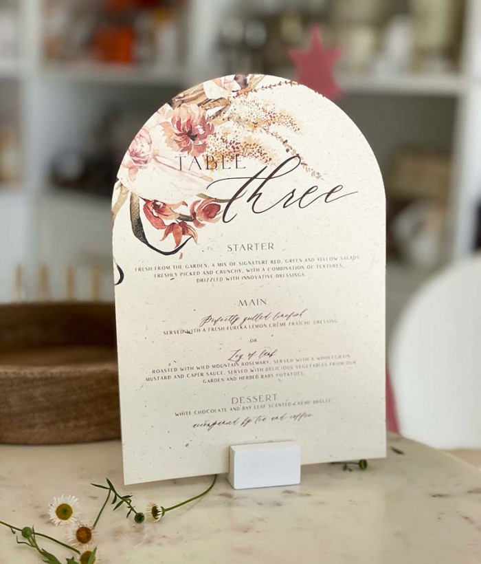 Modern arched menu and table number