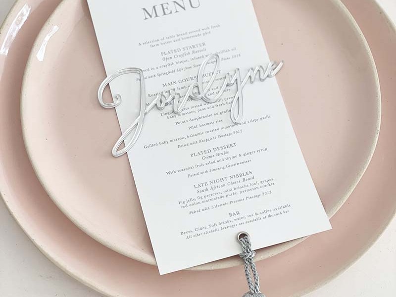 Jordyne and Tiago menu with acrylic name