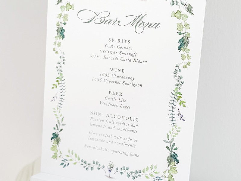 Olivia and Harry bar menu