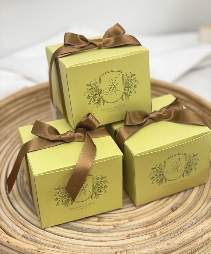 Lime and brown gift favour boxes