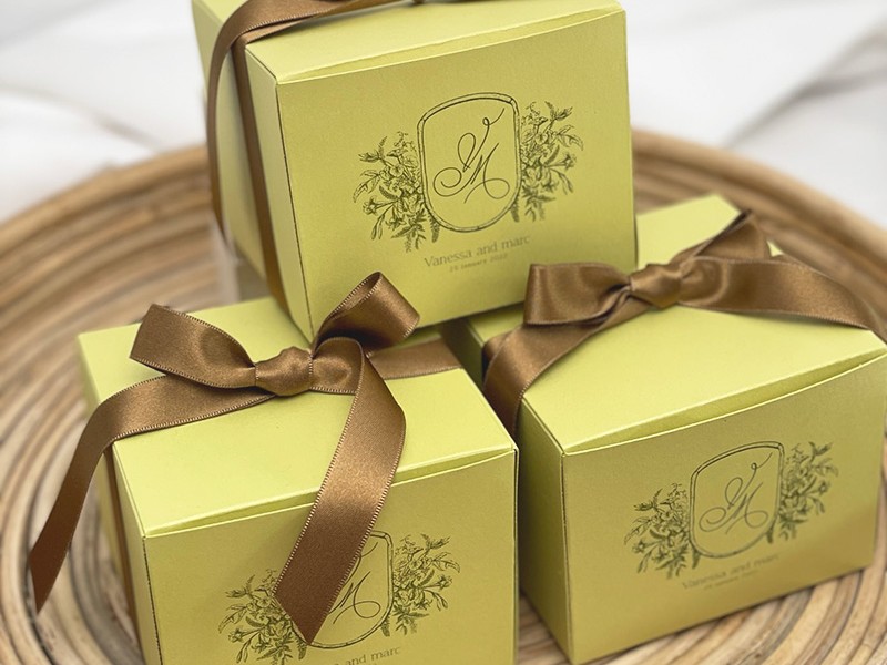 Lime and brown gift favour boxes