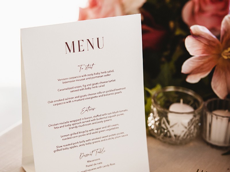 Julie and David wedding menu