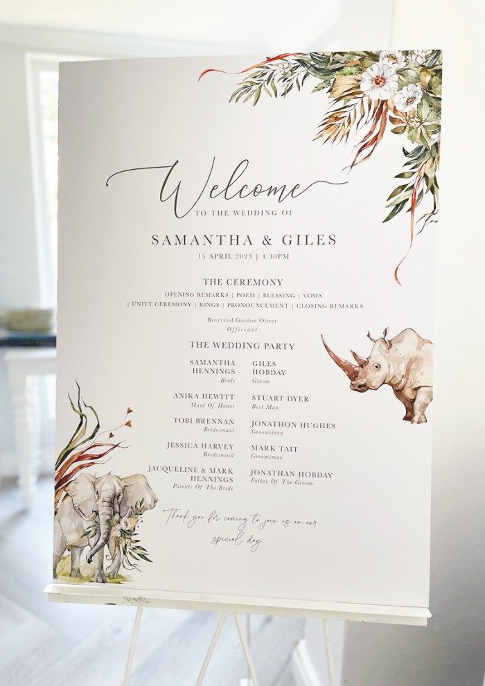 Samantha and Giles wedding welcome and program sign