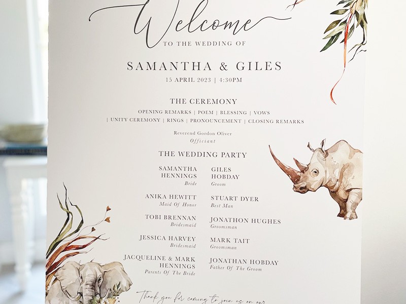 Samantha and Giles wedding welcome and program sign