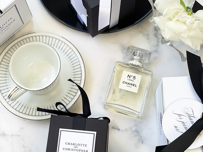 Black and white flat lay favour boxes