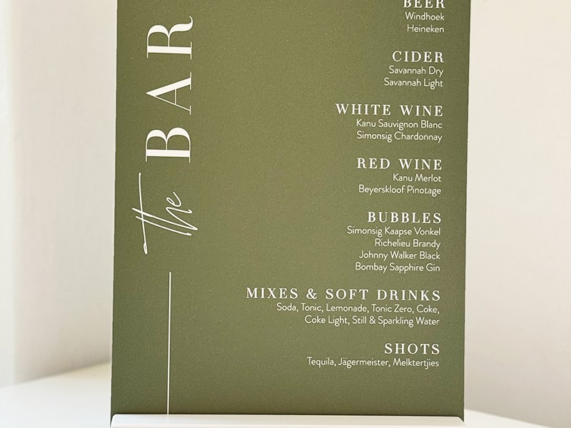 Bianca and Daniel bar menu