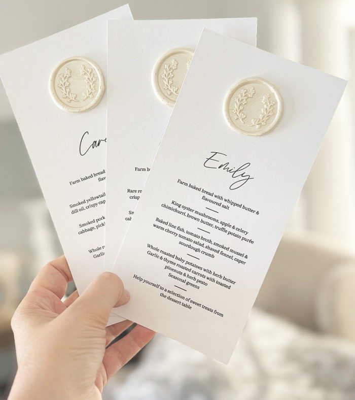 Emily & Karl wax seal menu cards