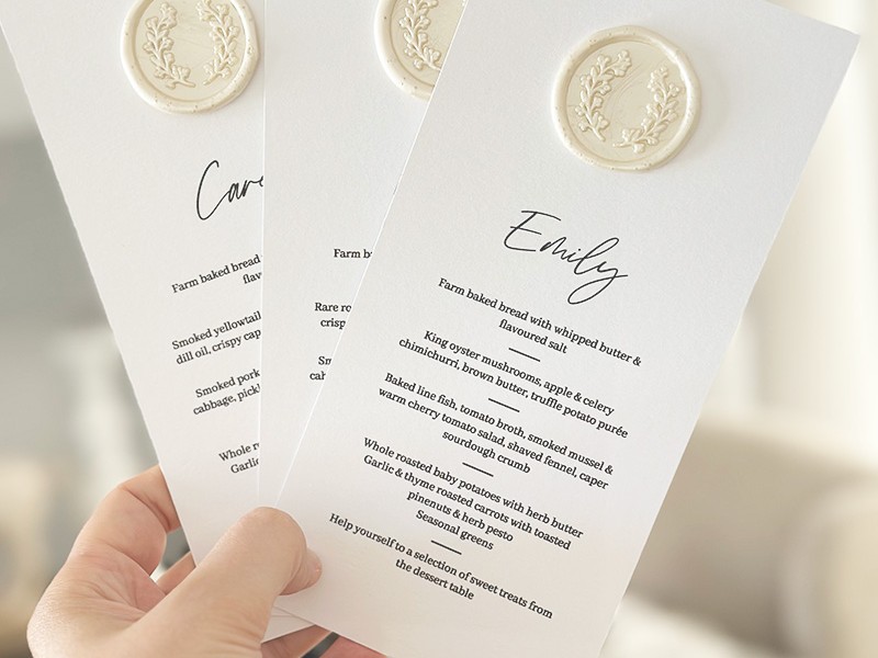 Emily & Karl wax seal menu cards