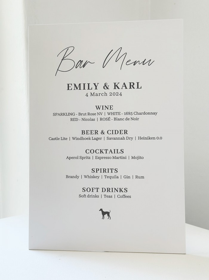 Emily and Karl bar menu