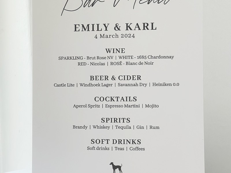 Emily and Karl bar menu