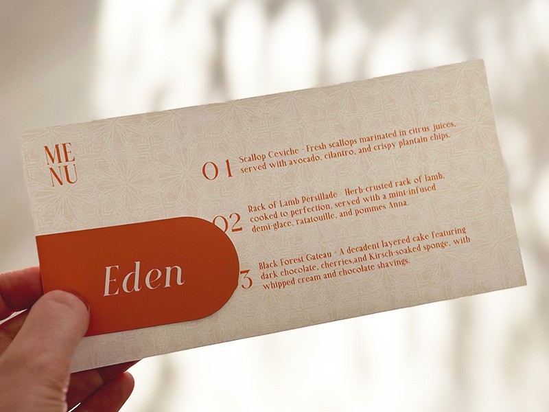 Lebi and Kwame dinner menu and guest name tag