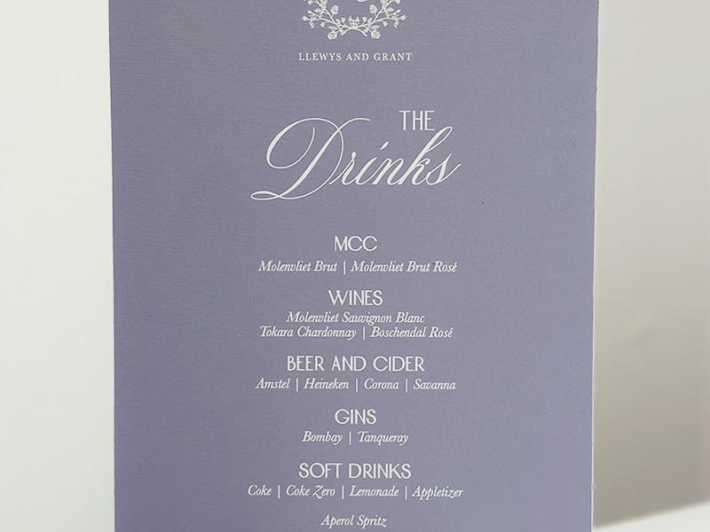 Llewys and Grant drinks menu