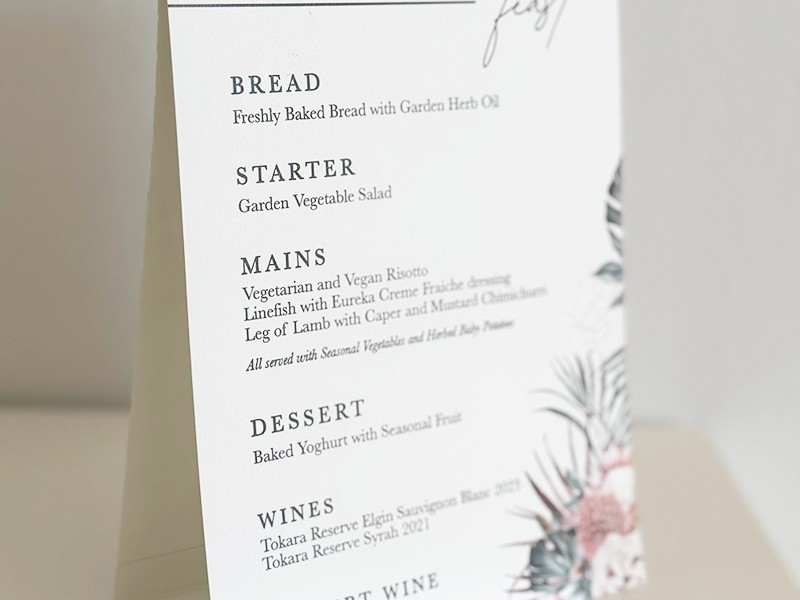 Trusha and Phillip tented menu