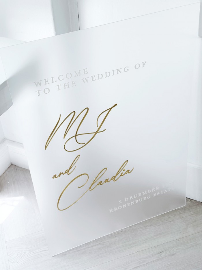 Claudia and MJ acrylic welcome sign