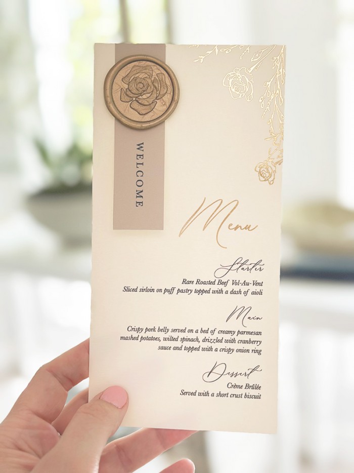 Claudia and MJ foiled menus with wax seal