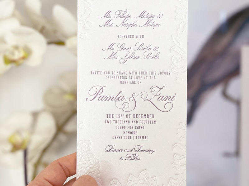 Punla and Zani letterpress printed and debossed invitation