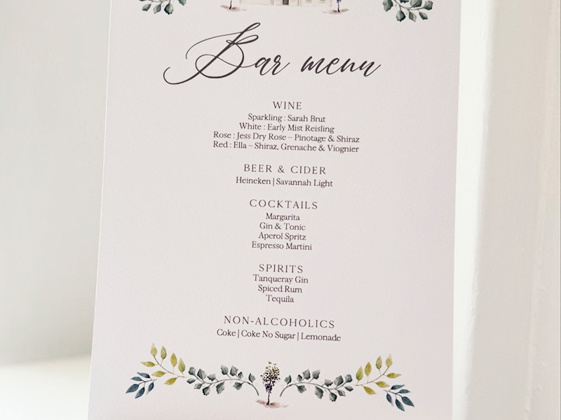 Holly and Hamish bar menu