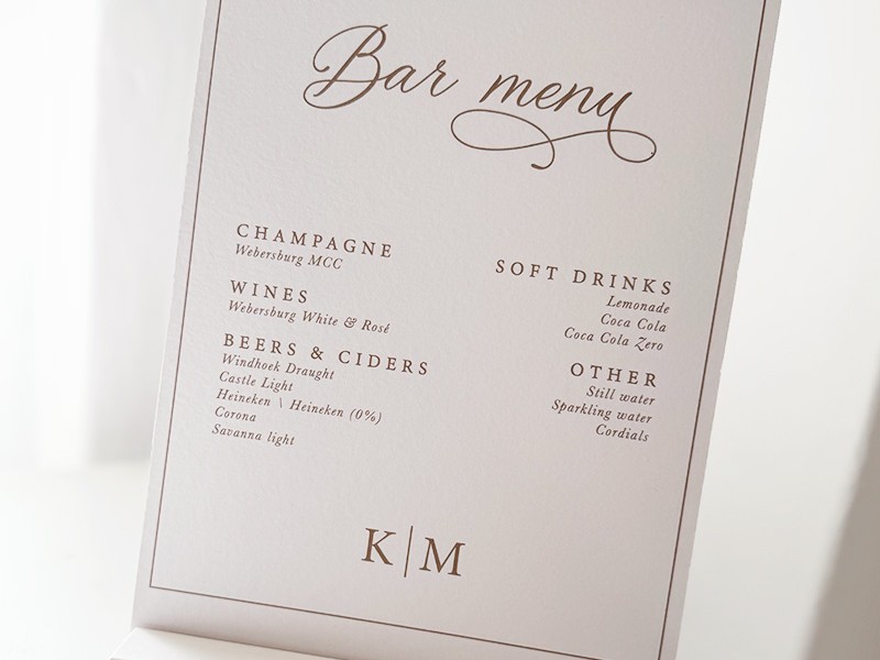 Kristy and Mark bar menu